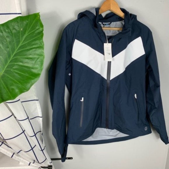 NWT Tory Burch Full Zip Rain Jacket Blue & White